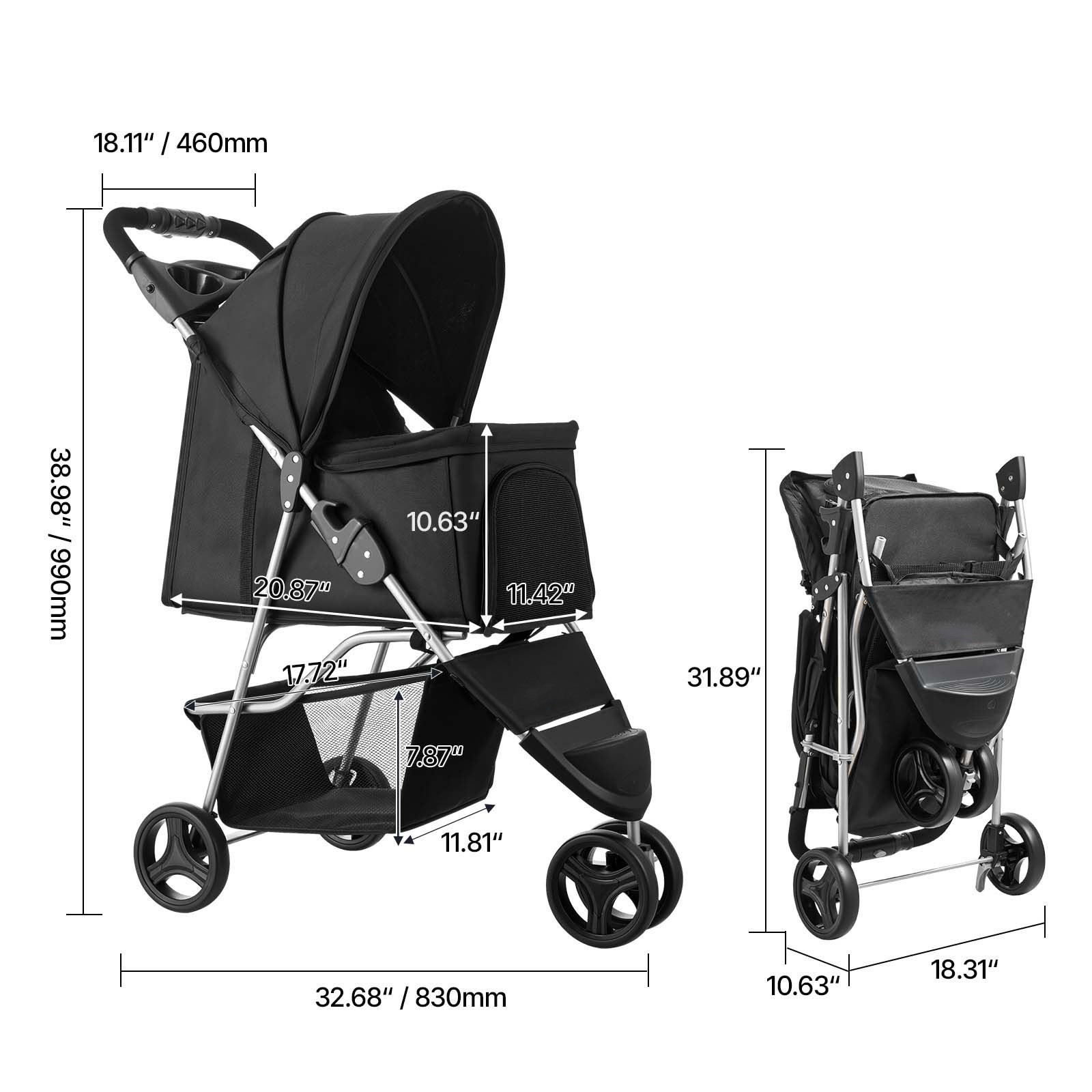 Pet Stroller Foldable 3 Wheels Dog Stroller with Brake up to 35lbs