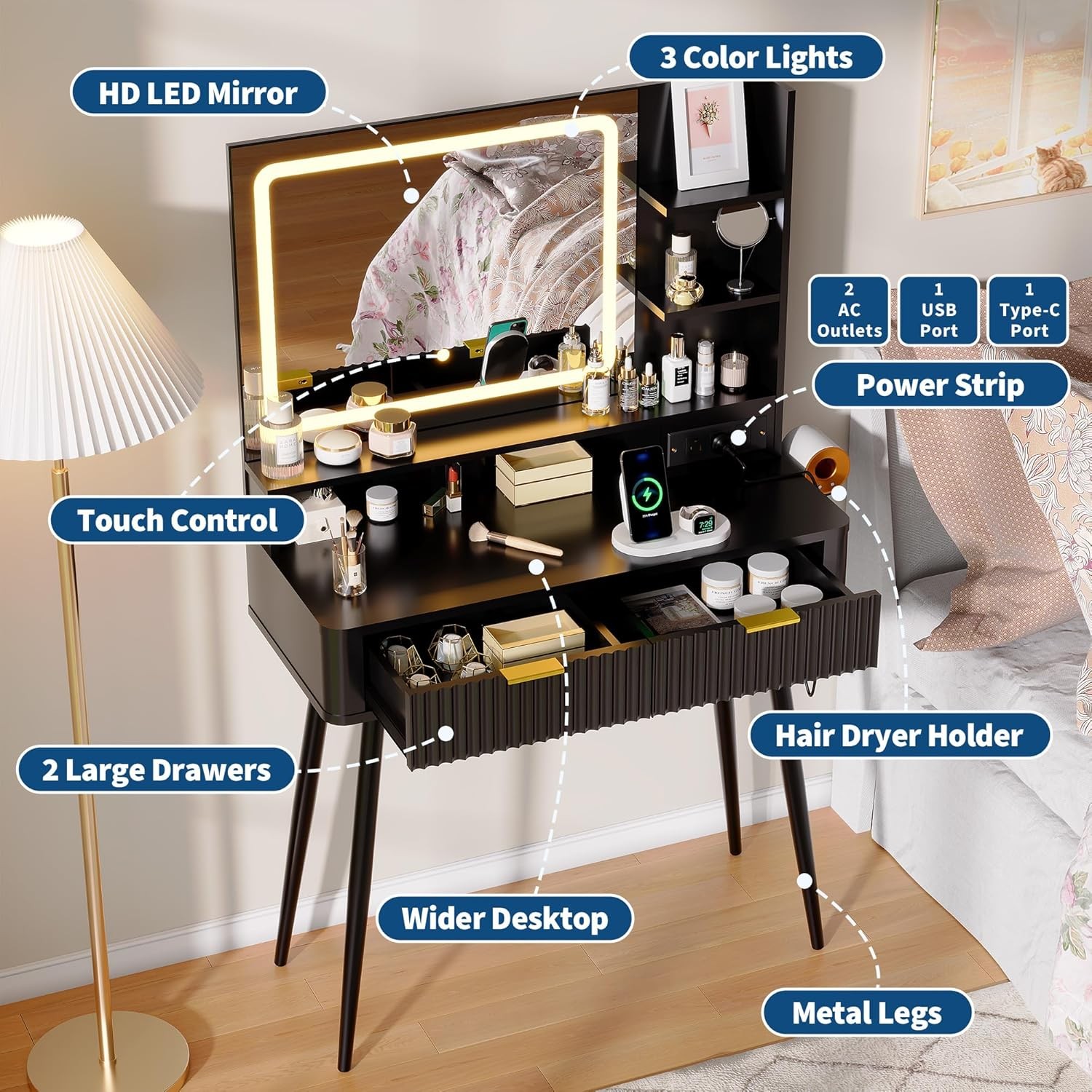 31 in Makeup Vanity Desk Table with Mirror and Lights, Power Outlet & Storage