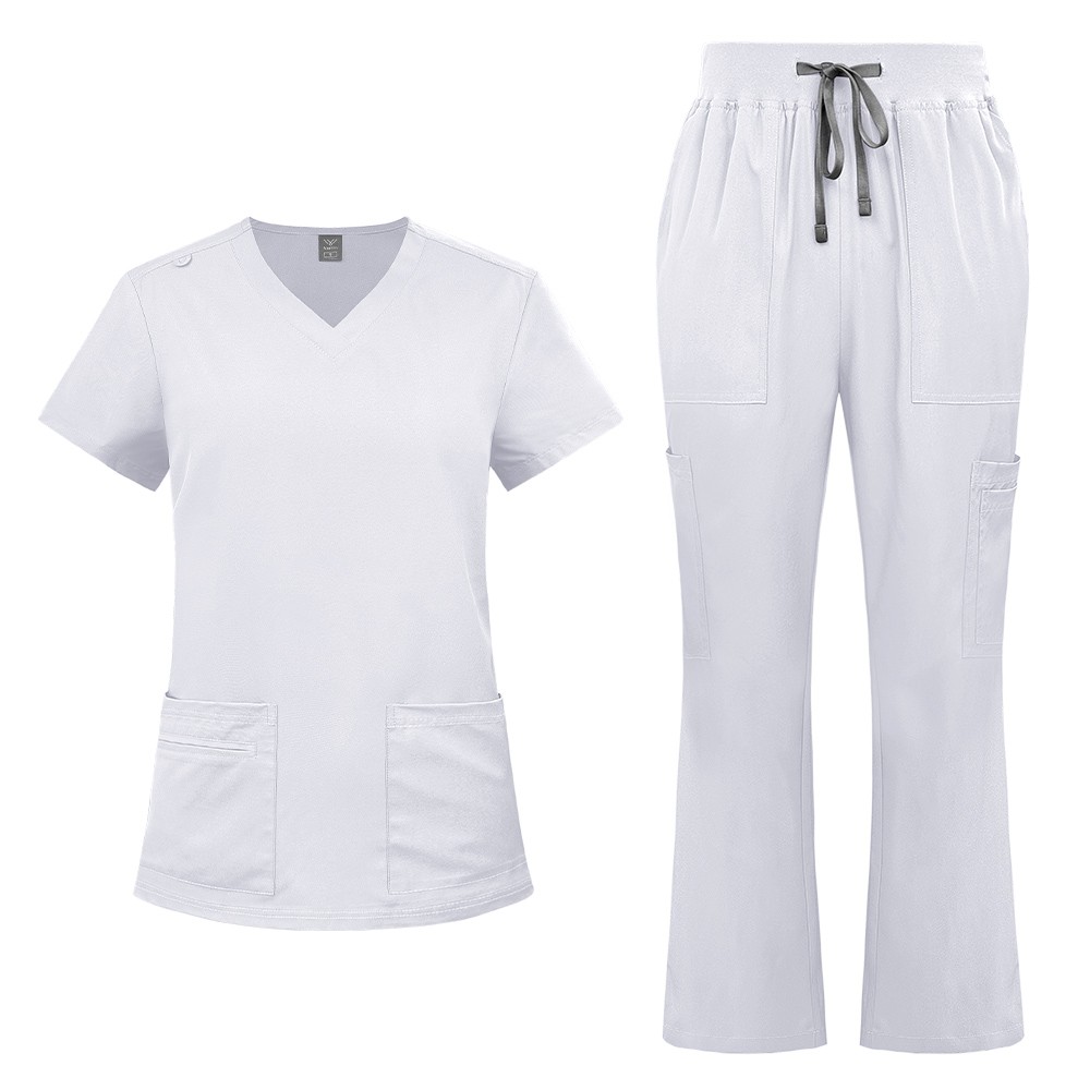 2025 Nursing Medical Scrub Set Flare Pants Drawstring Multi-pocket Comfortable