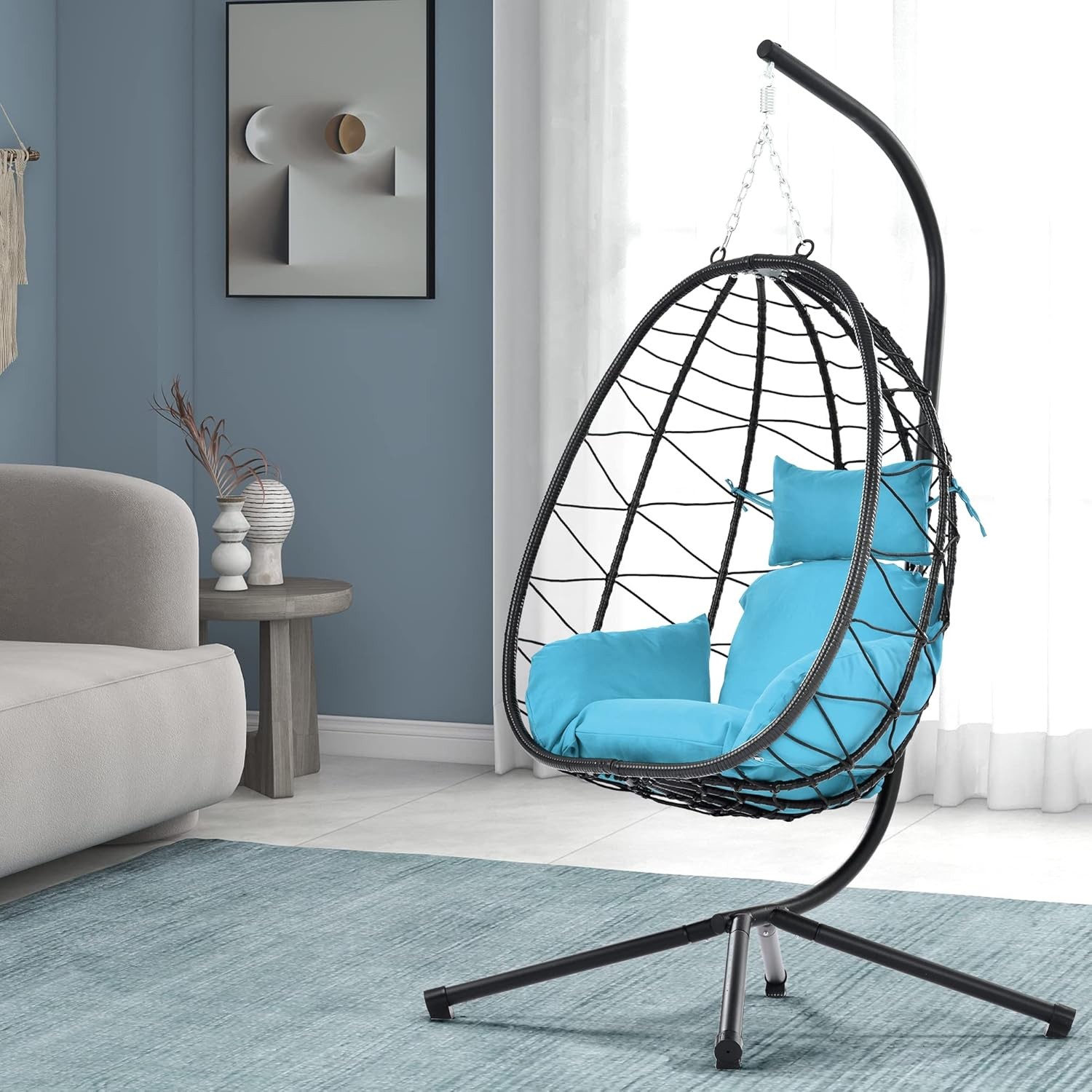 Egg Chair with Stand, Hanging Rattan Hammock Chair with Cushions for Patio