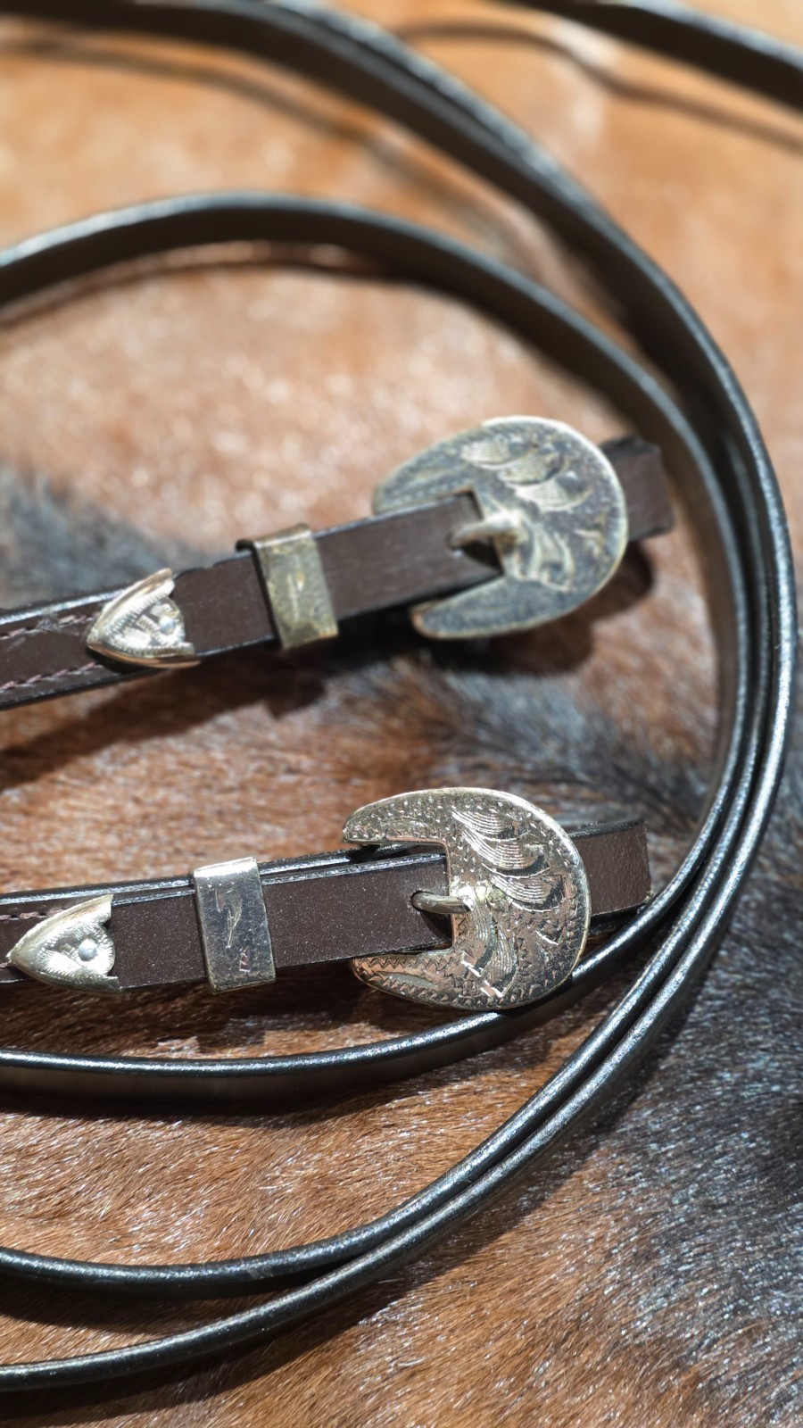 7 Ft Dark Oil Leather Split Reins Western Silver Buckles Conchos - Light Weight