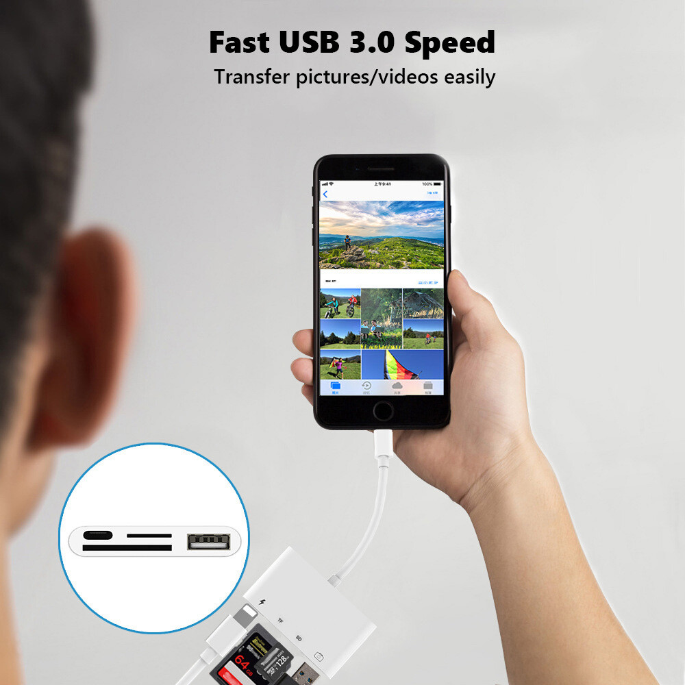 4in1 USB/Micro SD/TF Card Reader for Samsung iPhone iPad Adapter w Charging Port