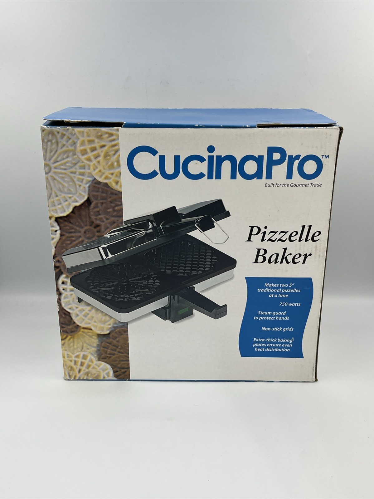 CucinaPro Pizzelle Baker 750 Watts Non-Stick Grids Two 5" 220-05NS Open Box