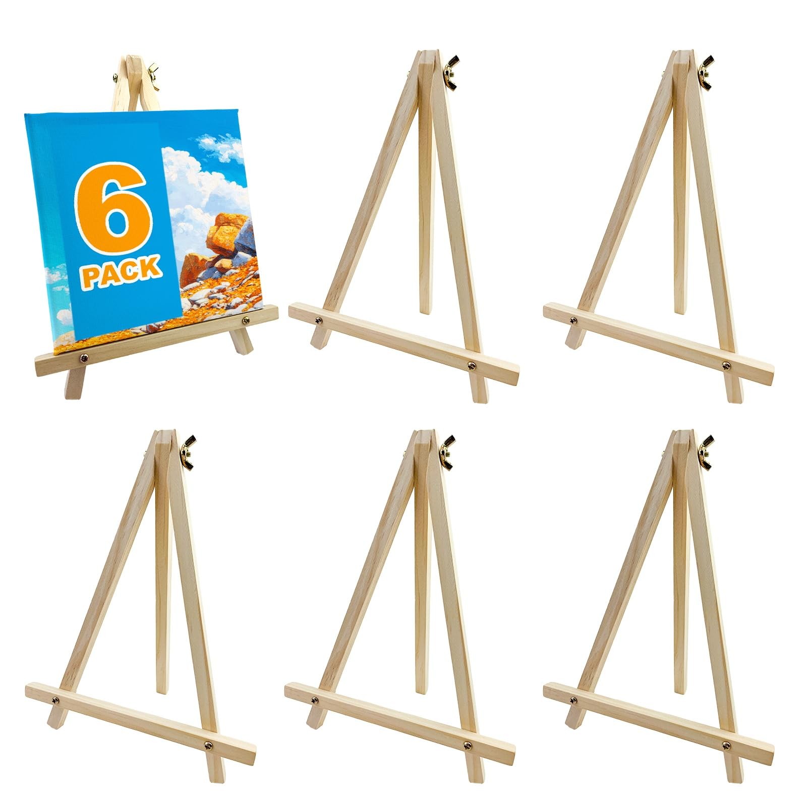 6 Pack 9 Inch Wood Easels, Tripod, Table Top Easels for Painting, Art Craft Pain