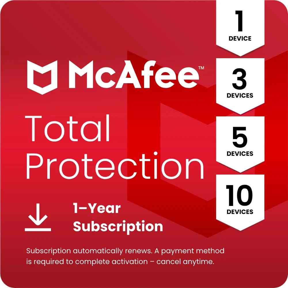 McAfee Total Protection 2026 1, 3, 5, & 10 Device 1 Year Auto-Renewal - Digital
