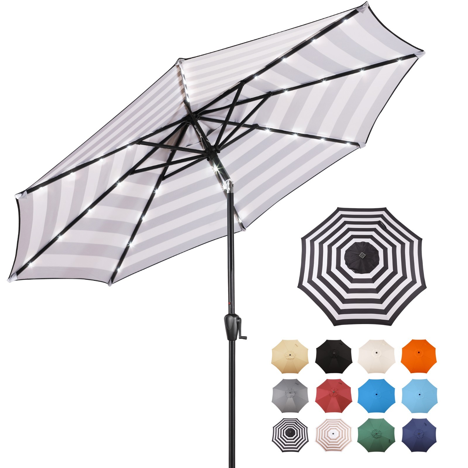 Sun-Ray9 Round Patio Umbrella with Solar Powered LED Lights, Tilt and Crank Lift
