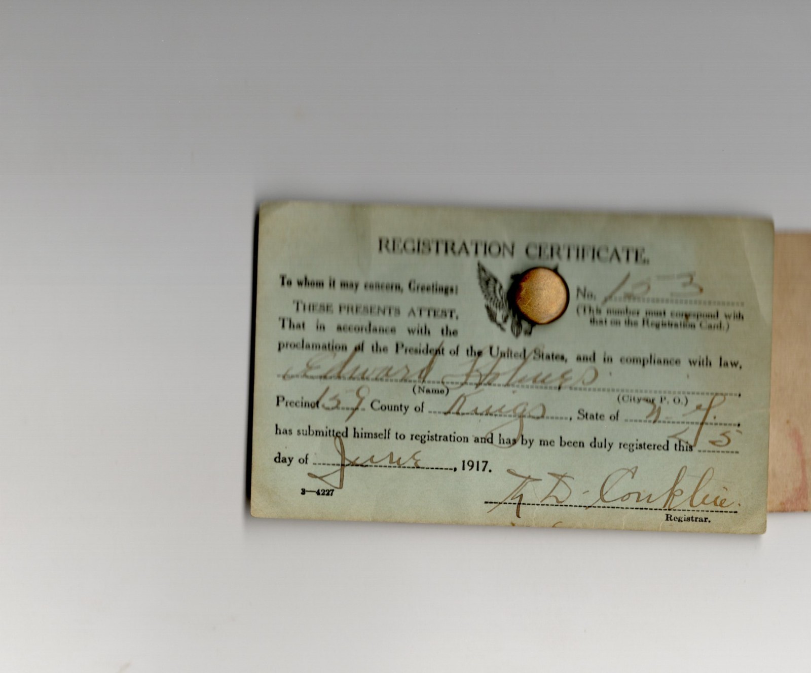 1917 - WWI Registration Draft Card with Naval Boat Card - XL2W