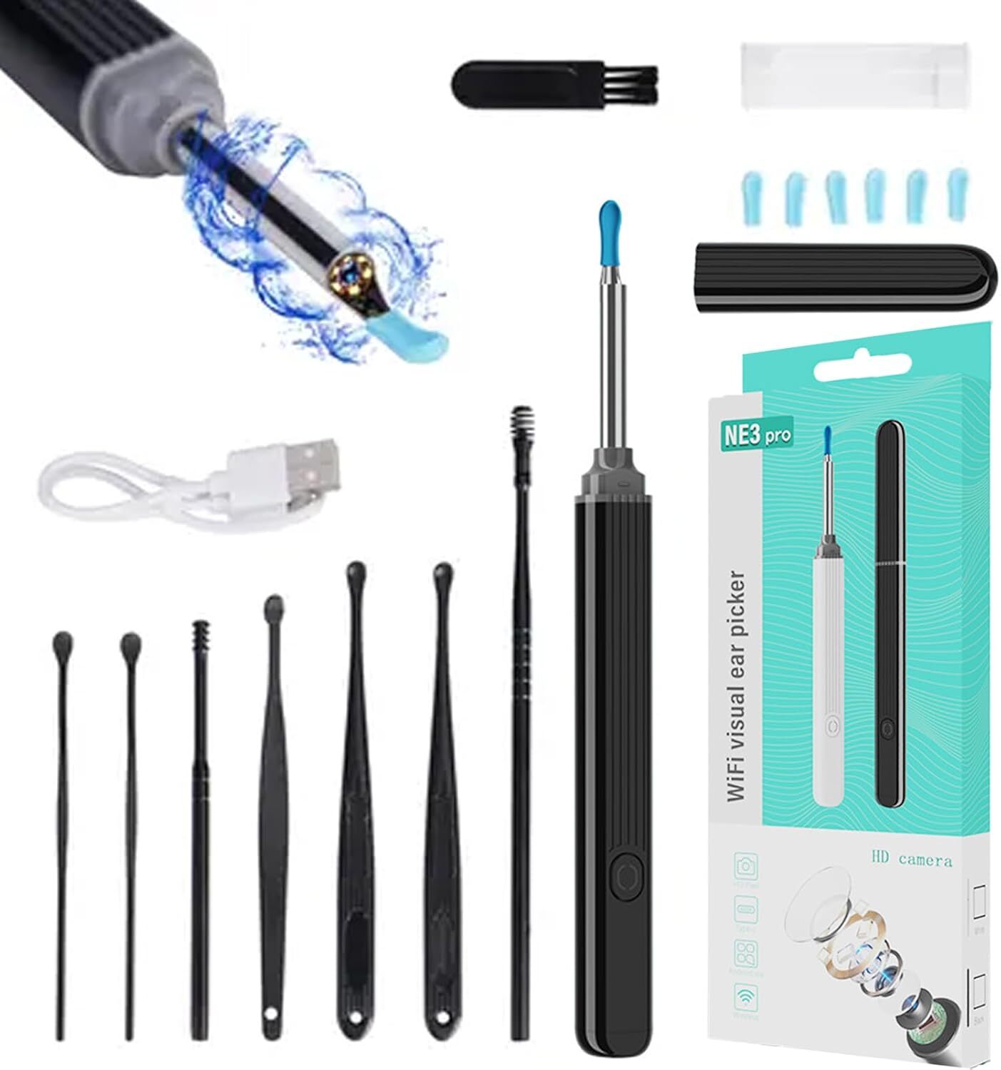 LED Ear Wax Cleaner Ear Camera Otoscope with Light Cleaner Removal Kit Black