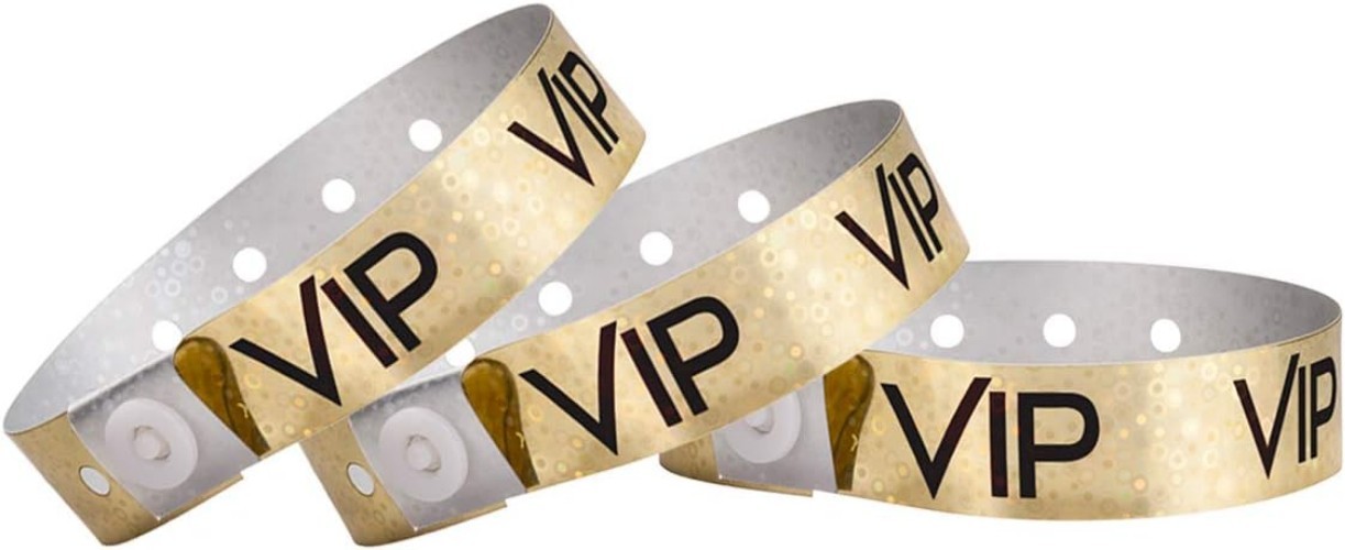 100 Holographic Gold VIP Plastic Secure Snap Wristbands - 5/8" x 10" - Water...