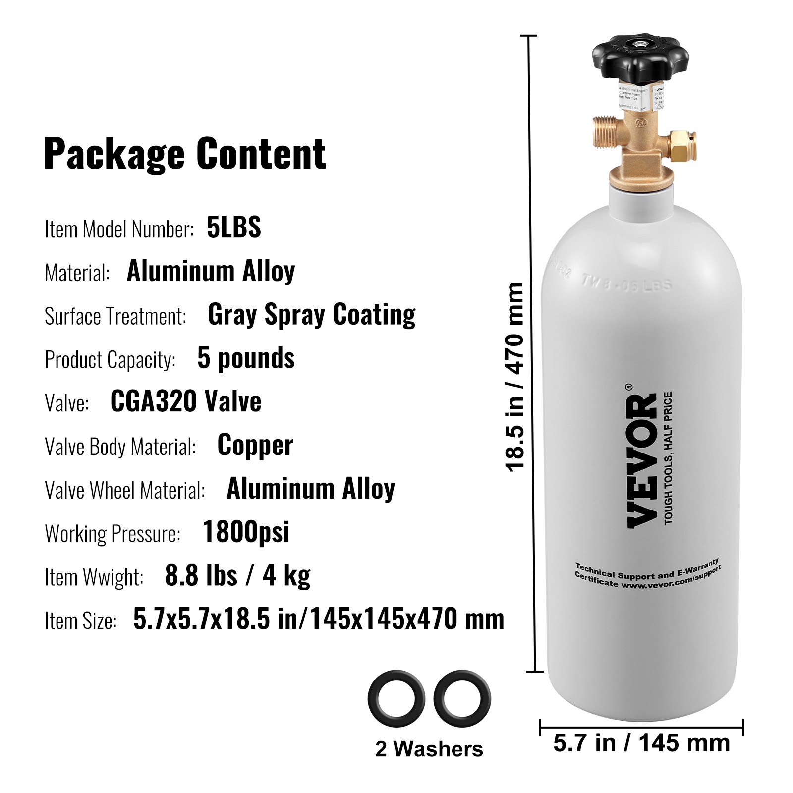VEVOR 5 Lbs CO2 Tank Aluminum Gas Cylinder with CGA320 Valve For Draft Soda Beer