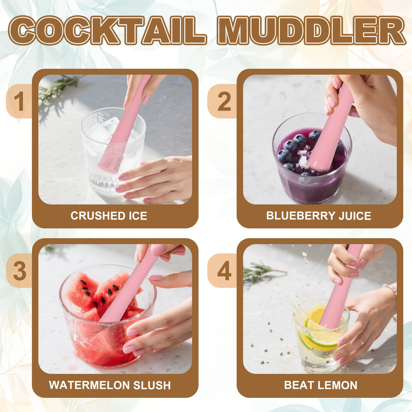 Cocktail Muddler, 8 Inch PP Drink Muddler, Pink (Thin)