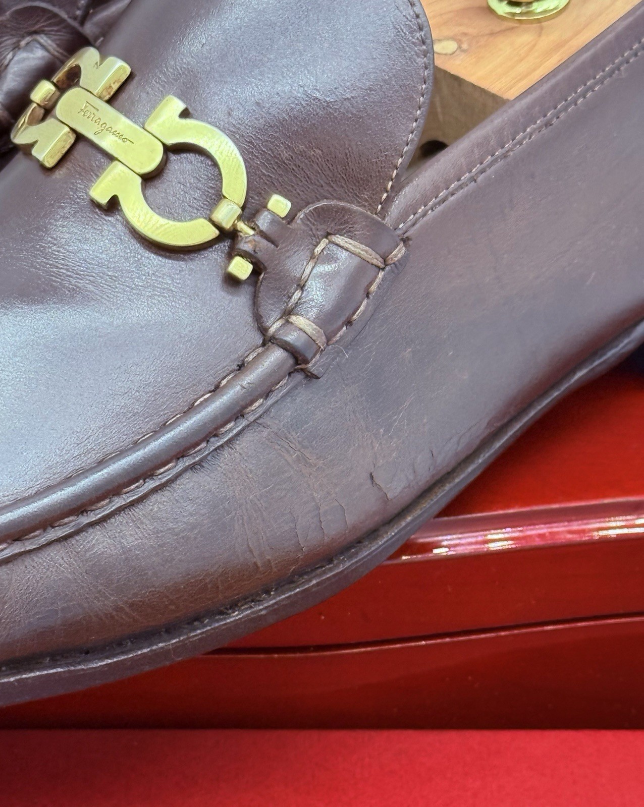 Ferragamo Mens Brown Loafers 12 Gold Gancini Horse Bit Leather Luxe Shoes Rare