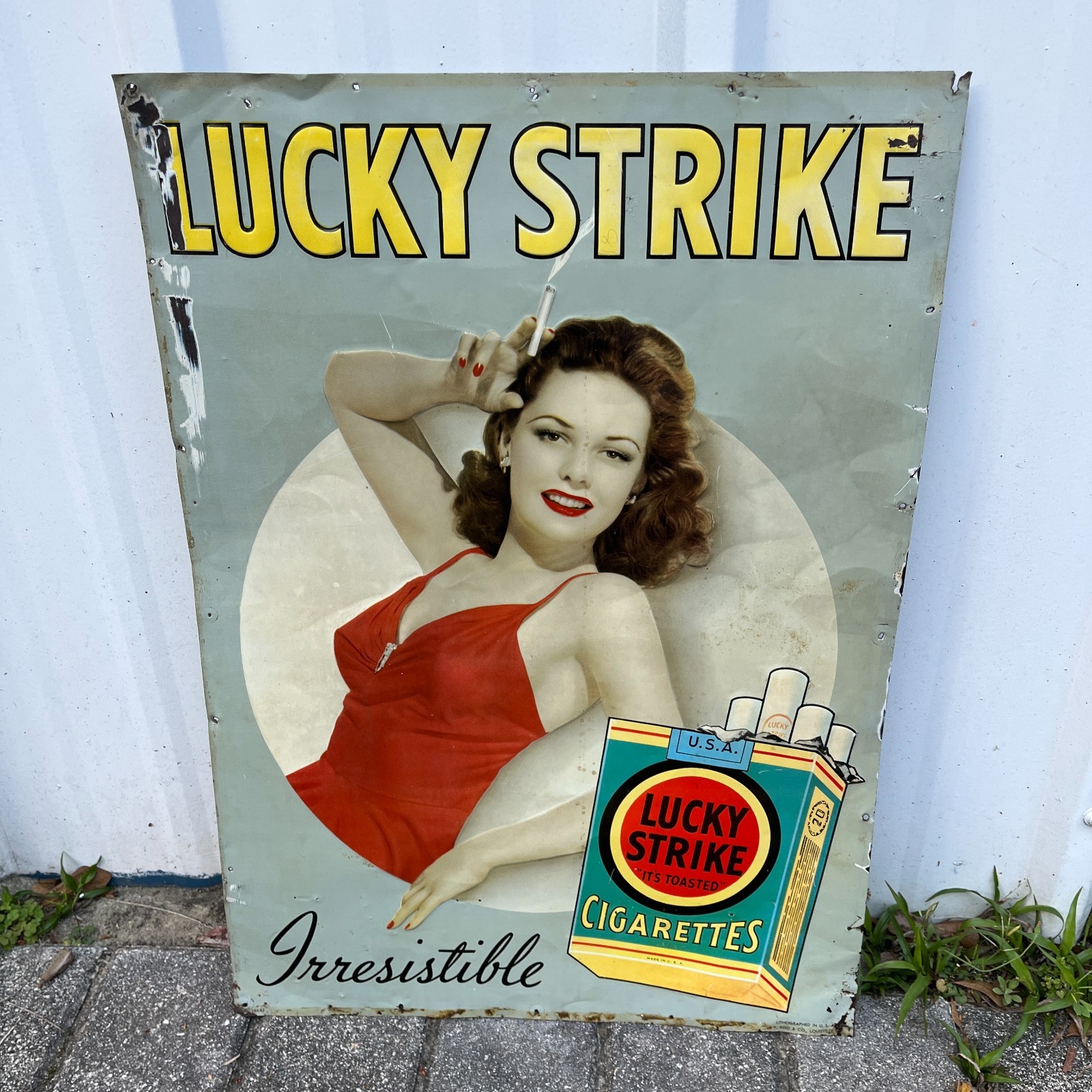 RARE 1940's Lucky Strike Cigarettes Pin Up Embossed Tin Tacker Metal Sign