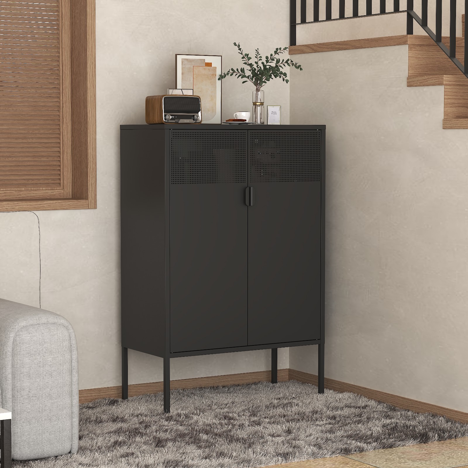Black Metal Storage Cabinet,2 Door TV Stand, Metal Mesh Accent Cabinet