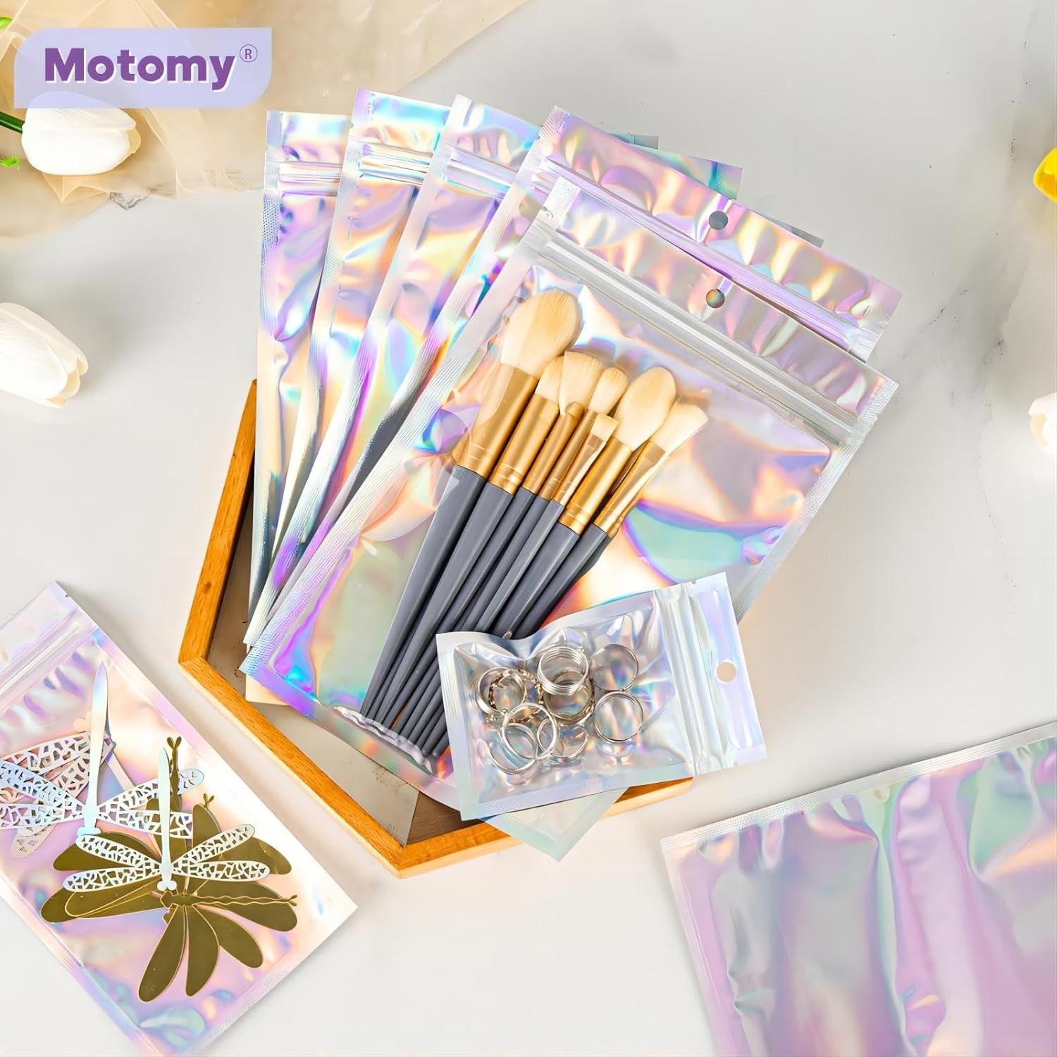 100Pcs Holographic Resealable Bags, 4x6 inch Packaging Foil Pouch ，Motomy Myla