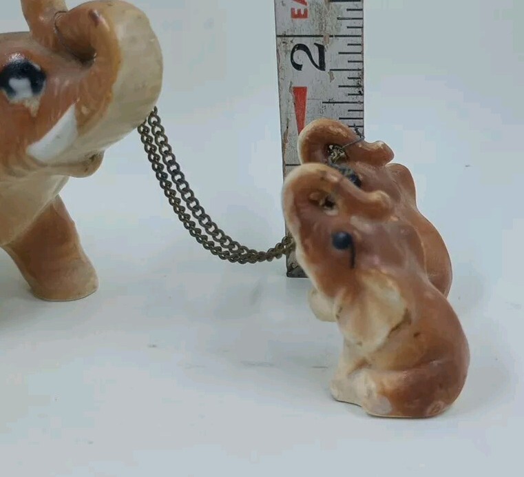 Vintage ELEPHANT FIGURINES Mom With 2 Babies on Chains Ceramic Collectible Japan
