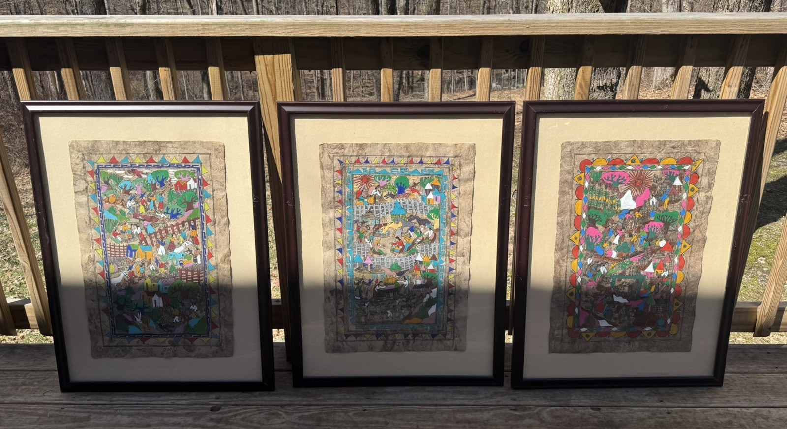 3 large Framed Mexican Folk Art On Bark Paper Hand Painted JMZ