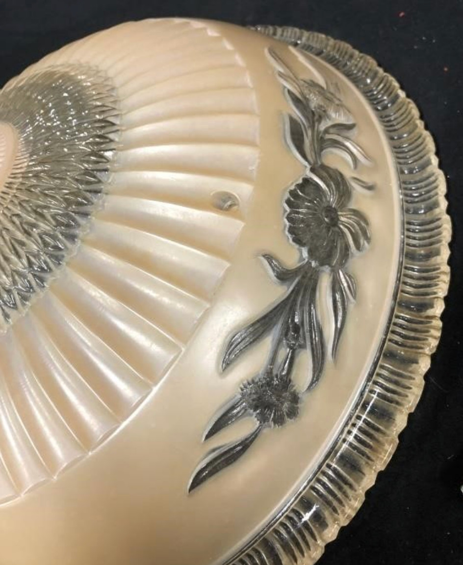 Antique Art Deco Glass Ceiling Light Fixture Frosted & Clear 3 Chain Shade 14”