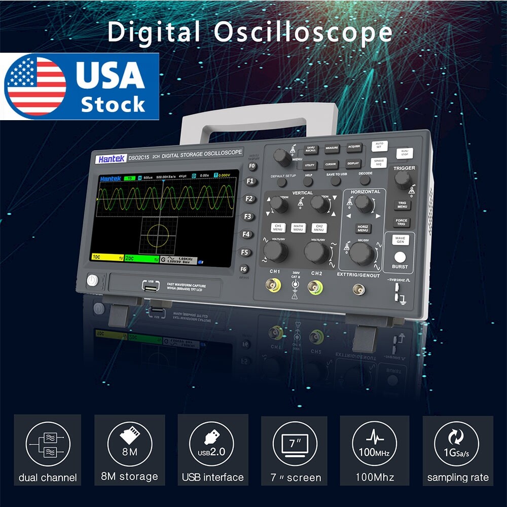 Hantek 2CH Digital Storage Oscilloscope Signal Generator 100Mhz/150Mhz 1GS/s Sam