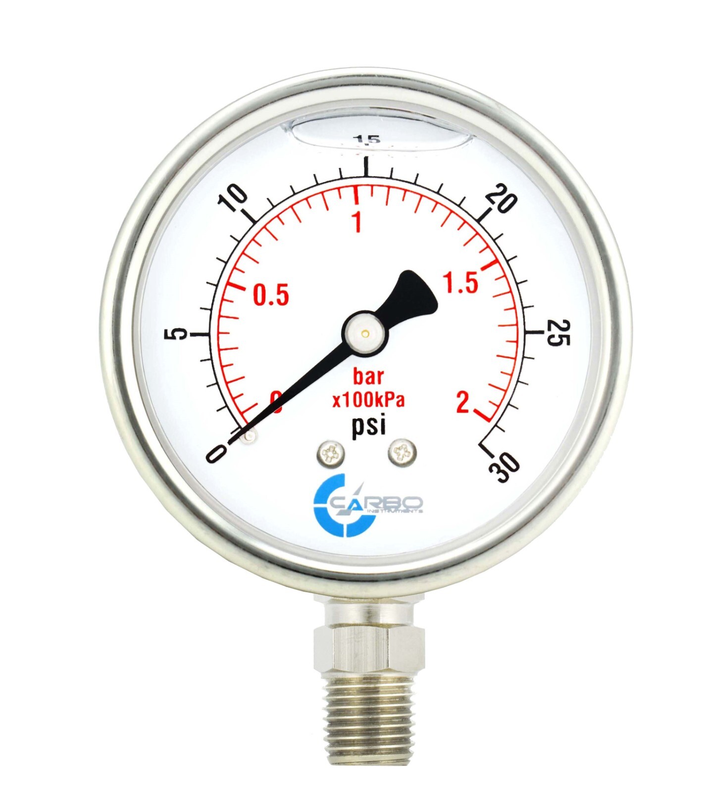 2.5" LIQUID FILLED PRESSURE GAUGE 0 - 30 PSI, STAINLESS STEEL CASE LOWER MOUNT