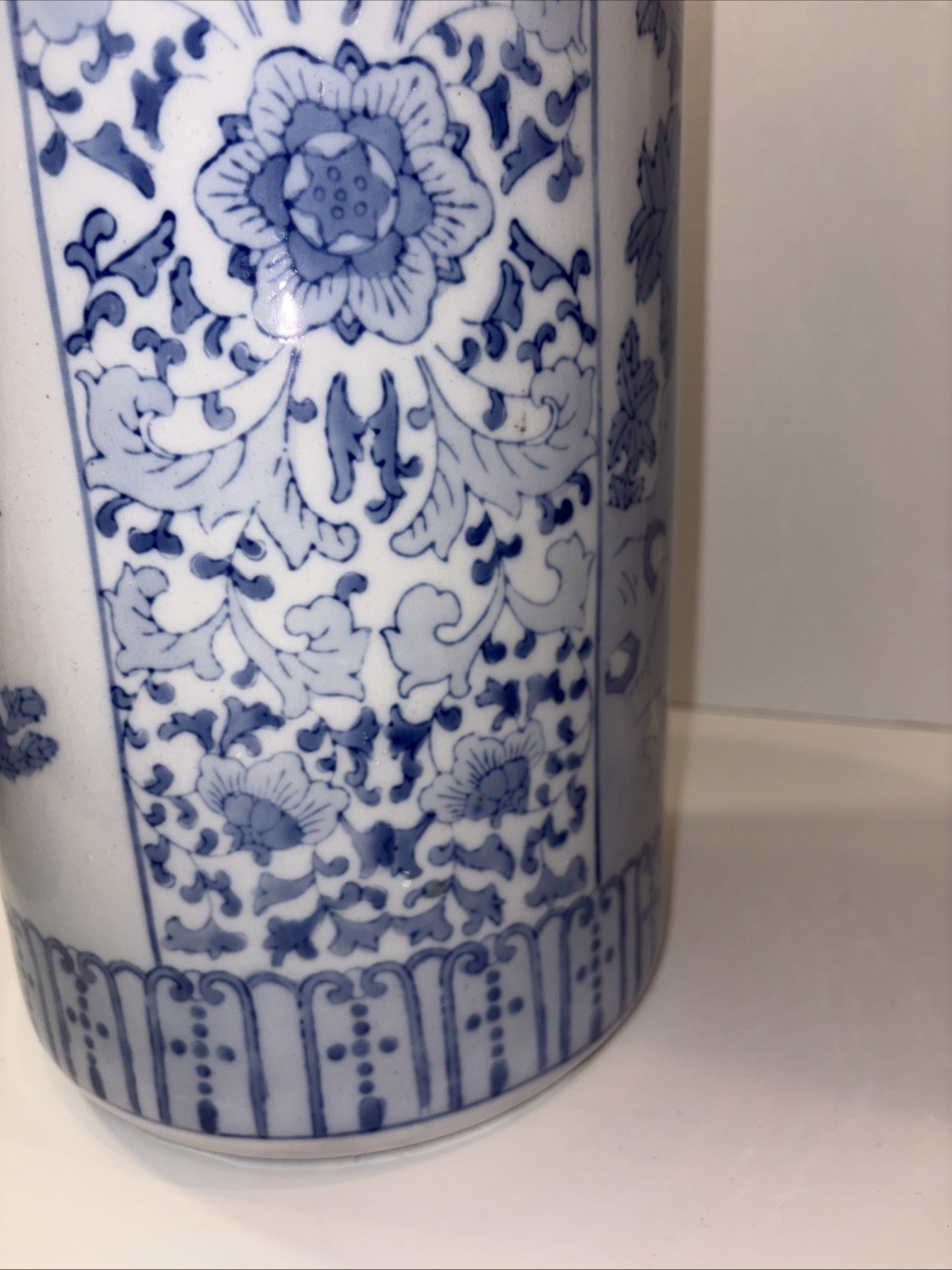 Vintage Umbrella Stand Blue and White Greek Key Chinoiserie Birds Chinese 18”