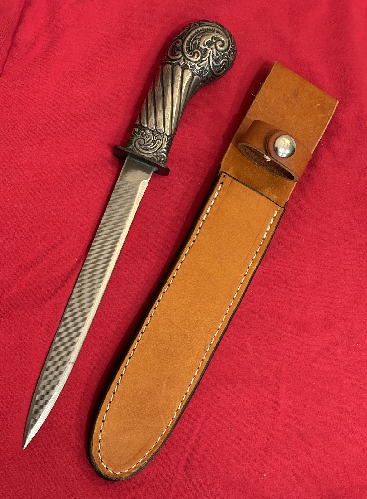 ANTIQUE SWORD HANDLE & USA FILE TO A THEATER KNIFE - NEW SHEATH