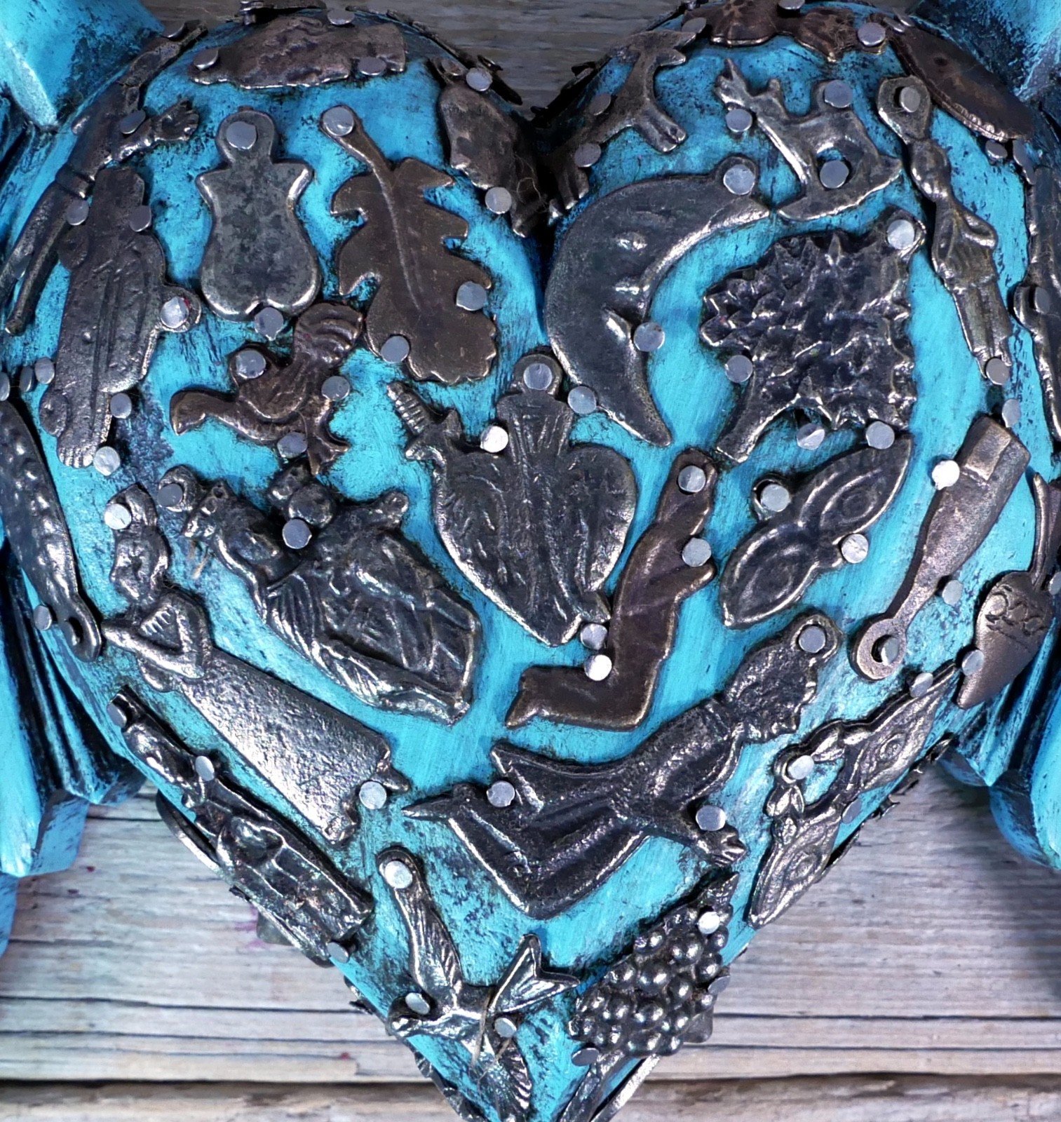 Blue Heart Wings Milagros Handmade Wood Mexican Folk Art Love Token Medium Size