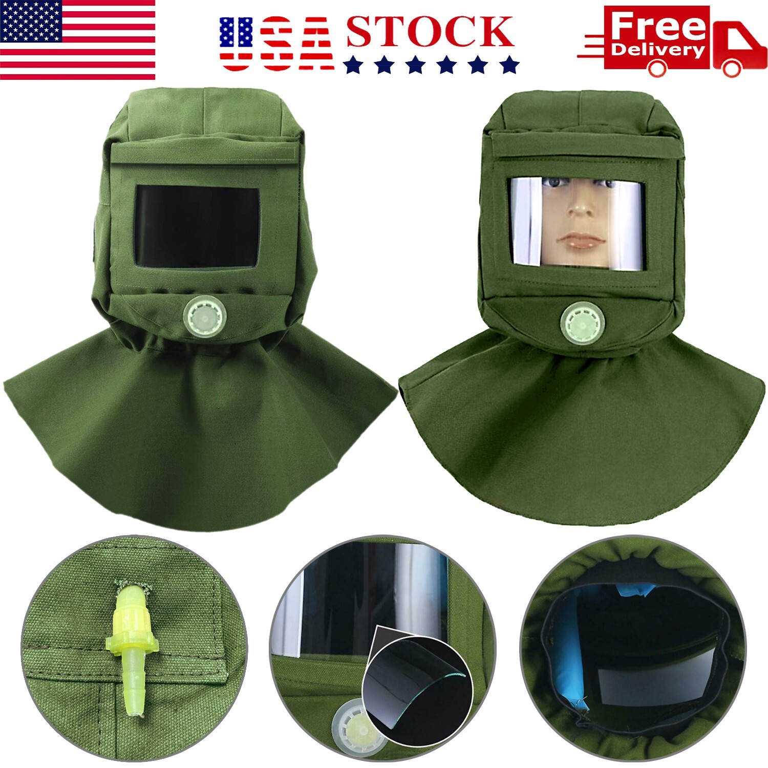 Industrial Sand Blasting Hood Cap Glass Face Shield Vent Design Anti Dust Green