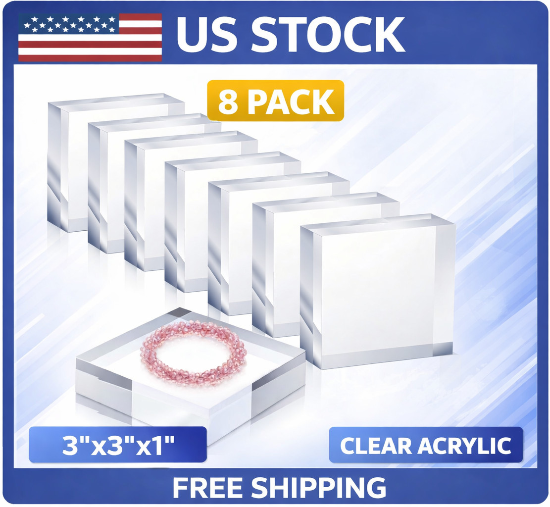 8pcs Acrylic Square Display Block, 3 x 3 x 1 Inches Clear Polished Cube Stand
