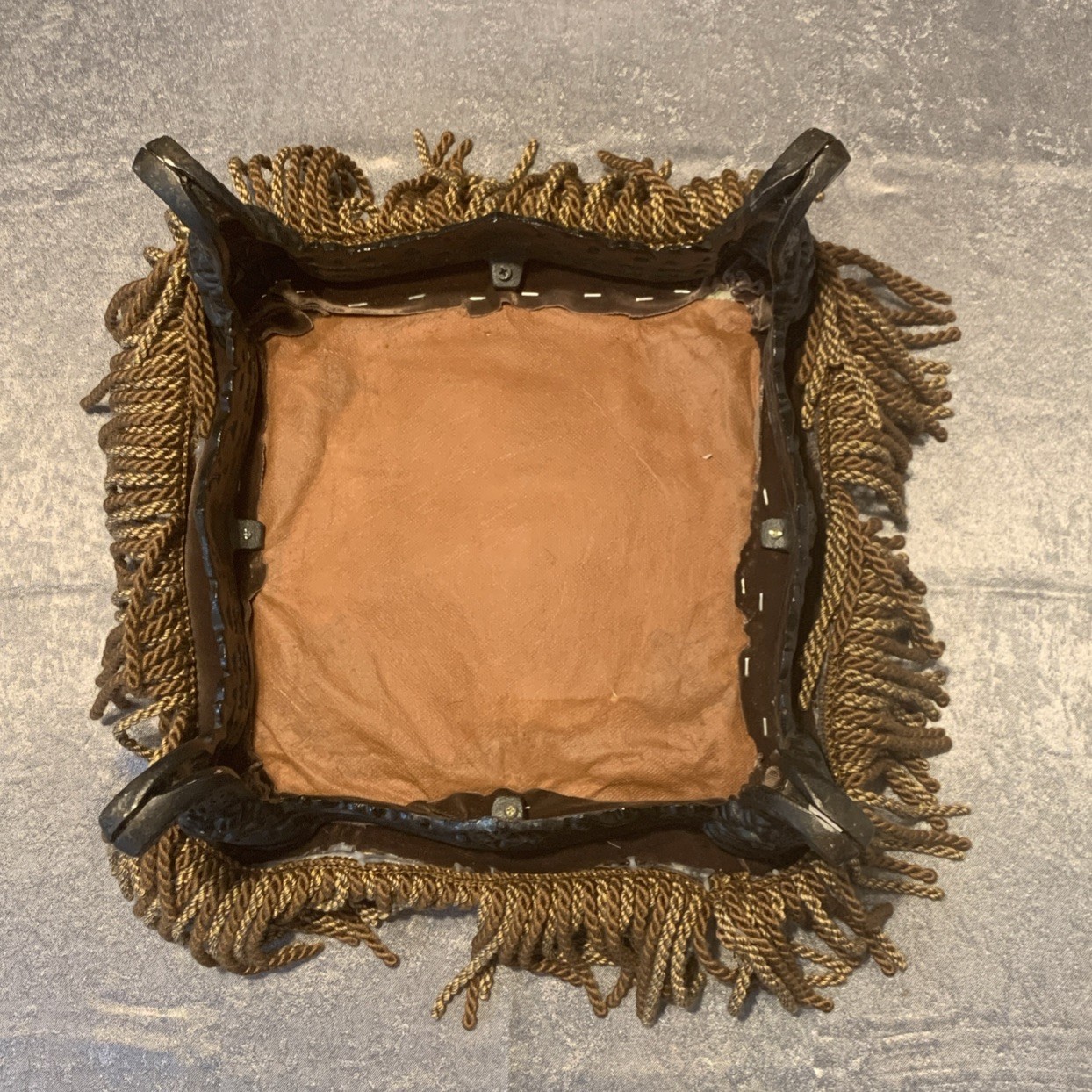 Vtg Cast Iron Ottoman Footstool w/Floral Needlepoint Design & Fringe