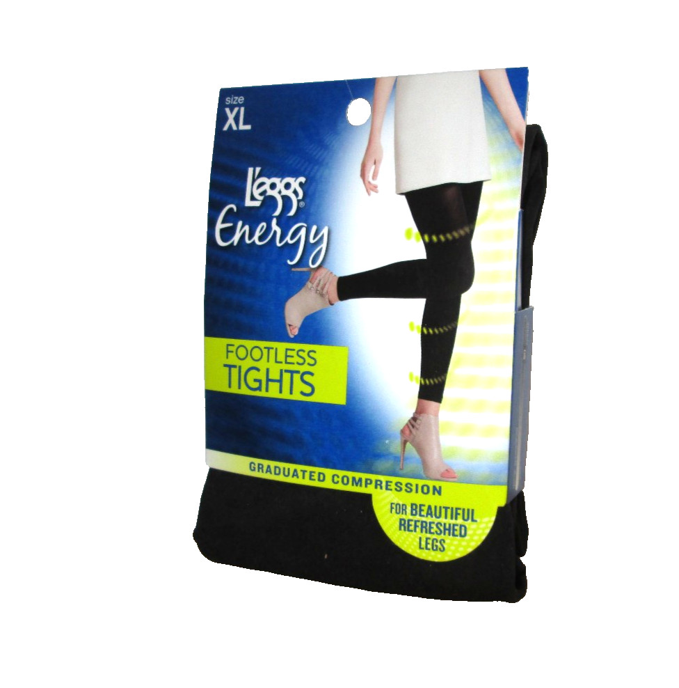 New Women's L'eggs Energy Graduated Compression Black Opaque Footless Tights XL