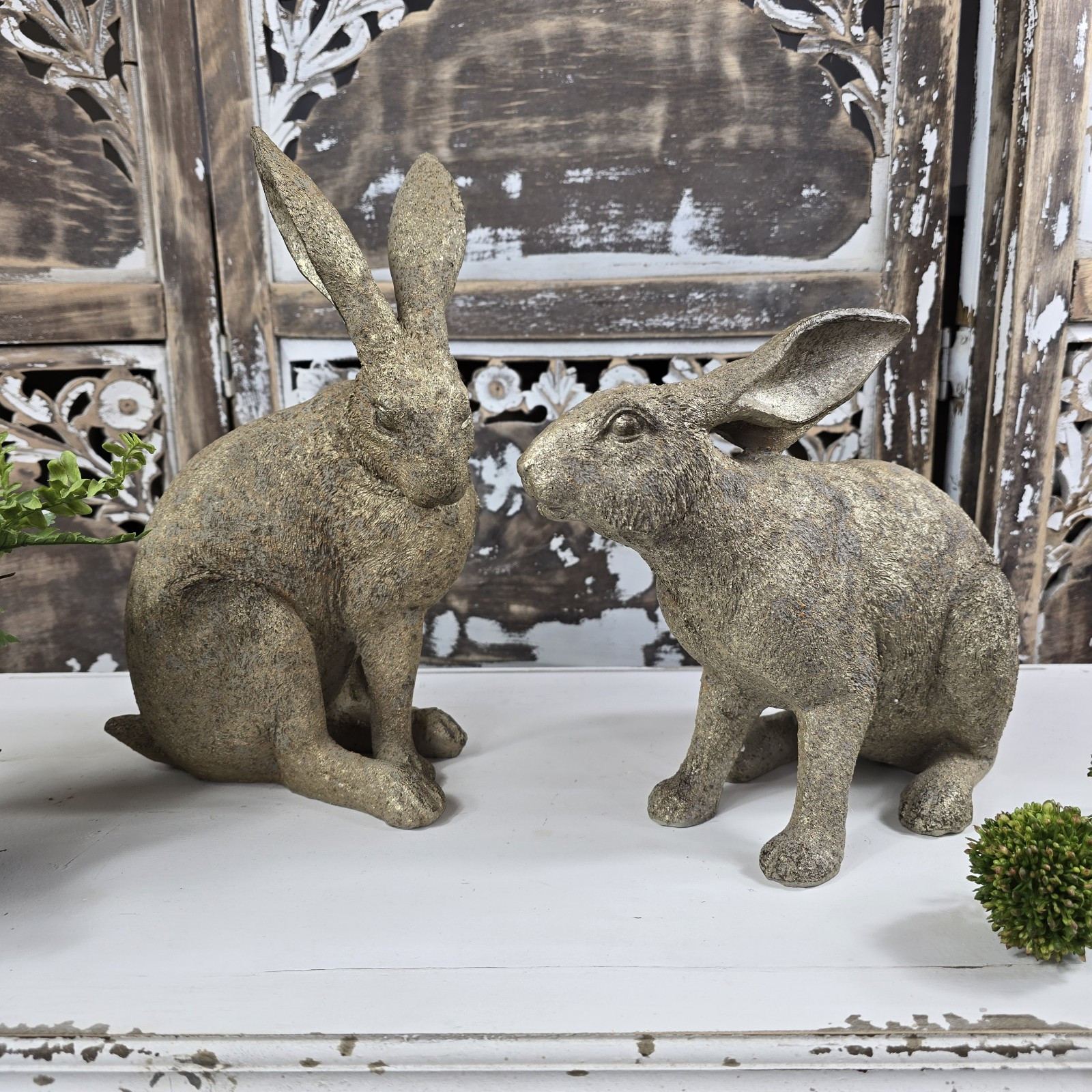 Rustic Weathered Gold Speckle Garden Bunny Rabbit Figurine Statue Set of 2
