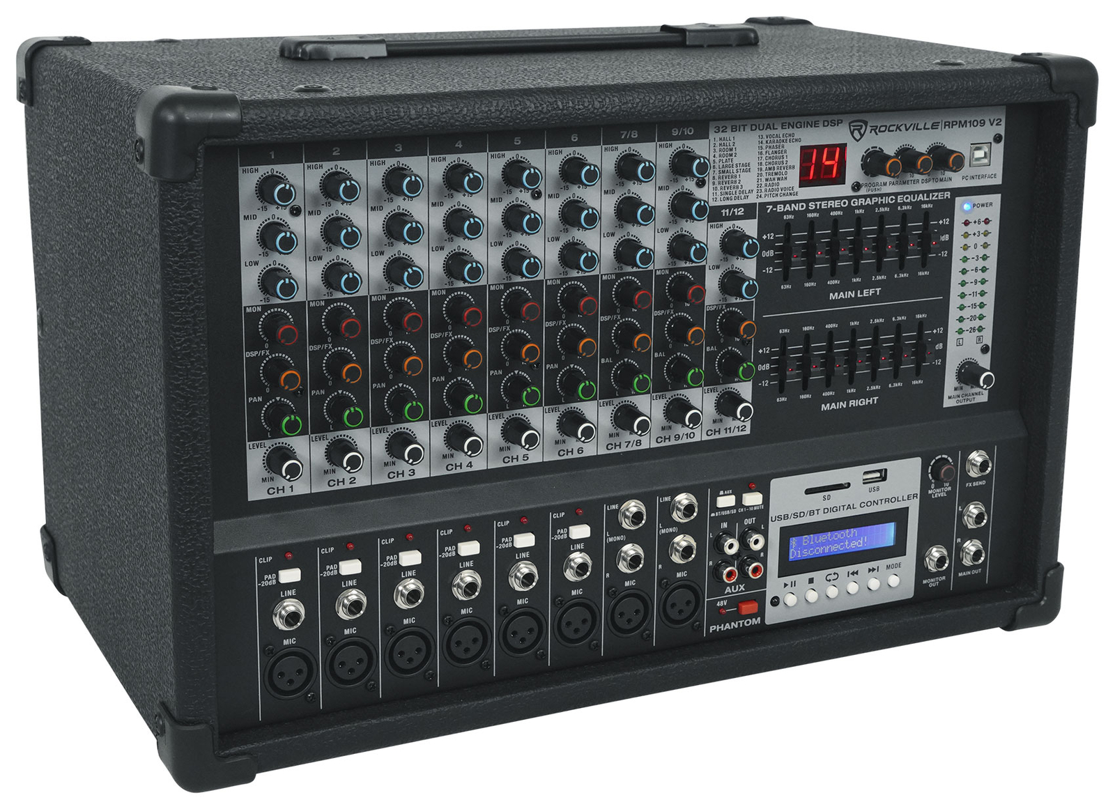 Rockville RPM109 V2 12 Channel 4800w Powered Mixer, 7 Band EQ, Effects, USB, 48V