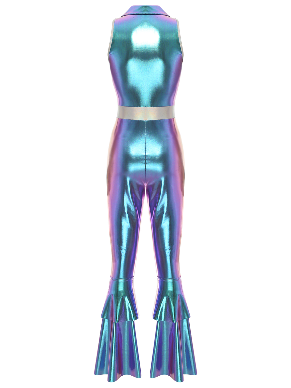 US Womens 70s Disco Costume Shiny Metallic Sleeveless Flared Jumpsuit Bodysuit