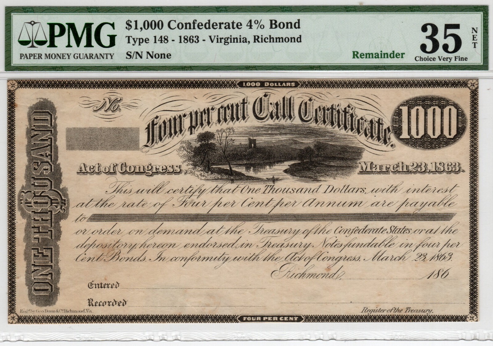Ball 276 Cr 136 1863 $1000 Confederate Bond - PMG Choice Very Fine 35 Net - Rare