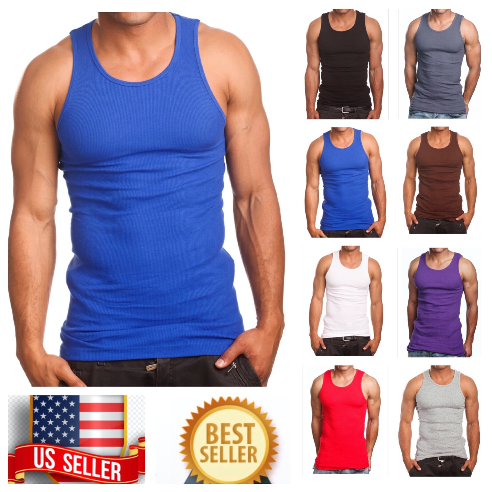 Men S-5XL 100% Cotton Tank Top T-Shirt A-Shirt Muscle Ribbed Wife Beater Tee Gym