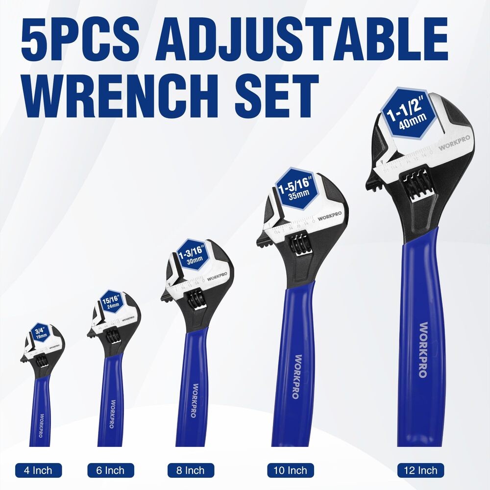 WORKPRO 5PCS Adjustable Wrench Set 4" 6" 8" 10" 12" Wide Jaw Metric & SAE Scales