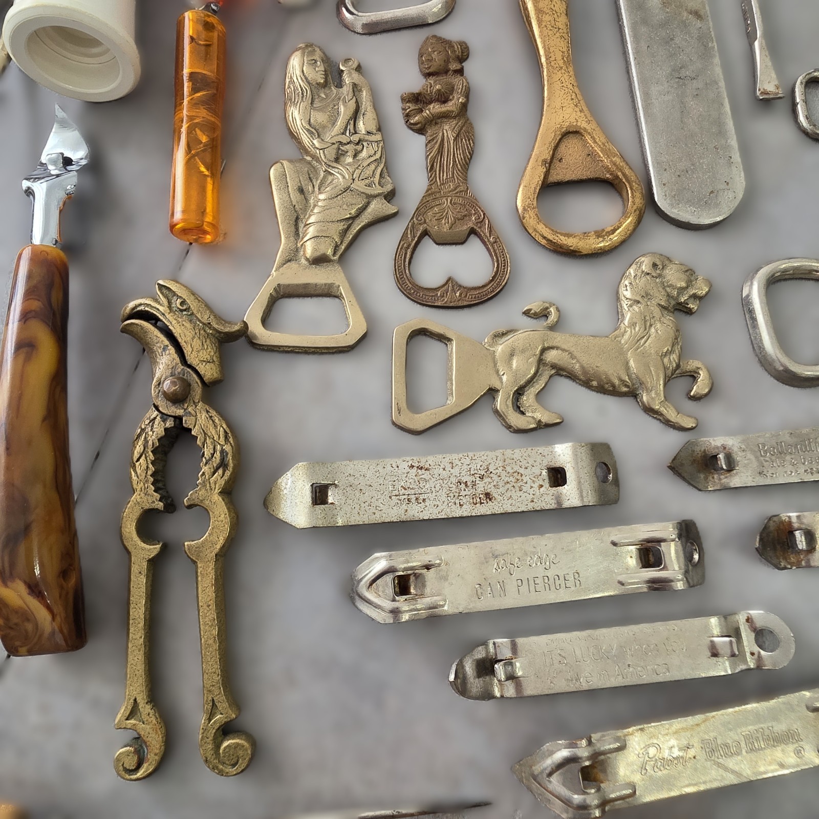 58 pc Lot of Vintage Bottle Openers, Picks, Barware, Bronze, Brass, Chrome, etc.