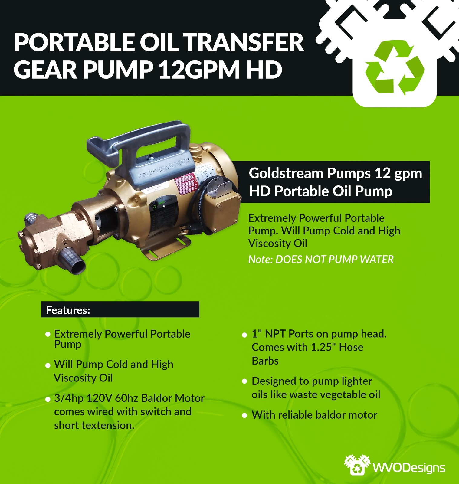 WVO Designs Portable Oil Transfer Gear Pump 12gpm HD, Goldstream Oil Pump