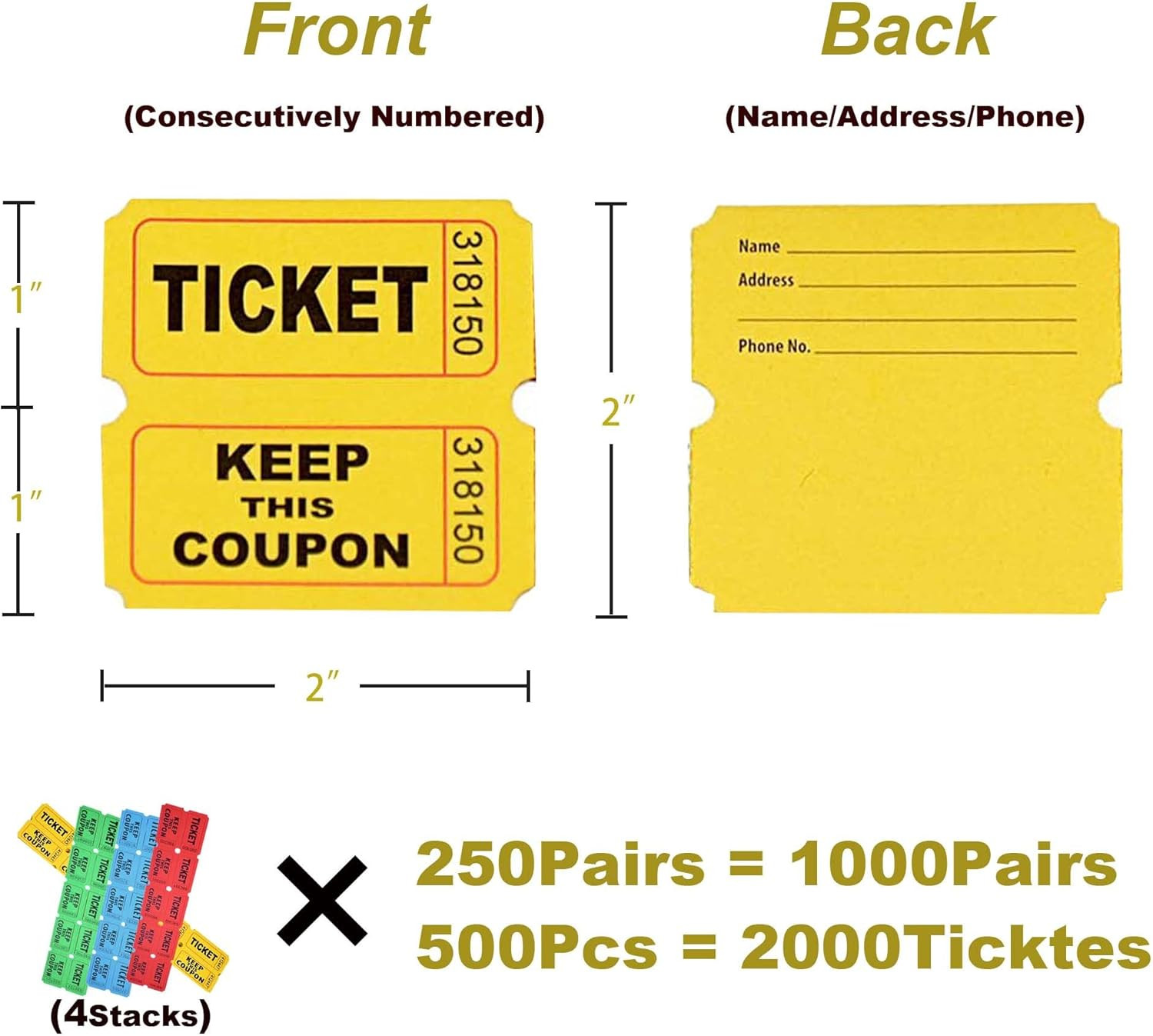 2000 Pcs 1000 Pairs Raffle Tickets, 50/50 Double Raffle Tickets, 250 Double Tick