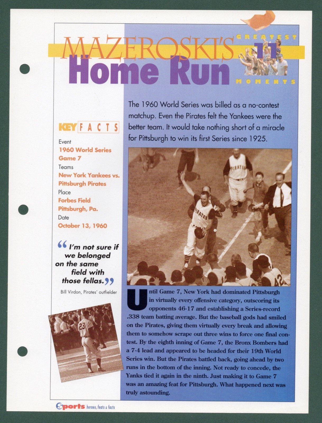 1960 7TH GAME WORLD SERIES PIRATES BILL MAZEROSKI  SPORTS, HEROES, FEATS & FACTS