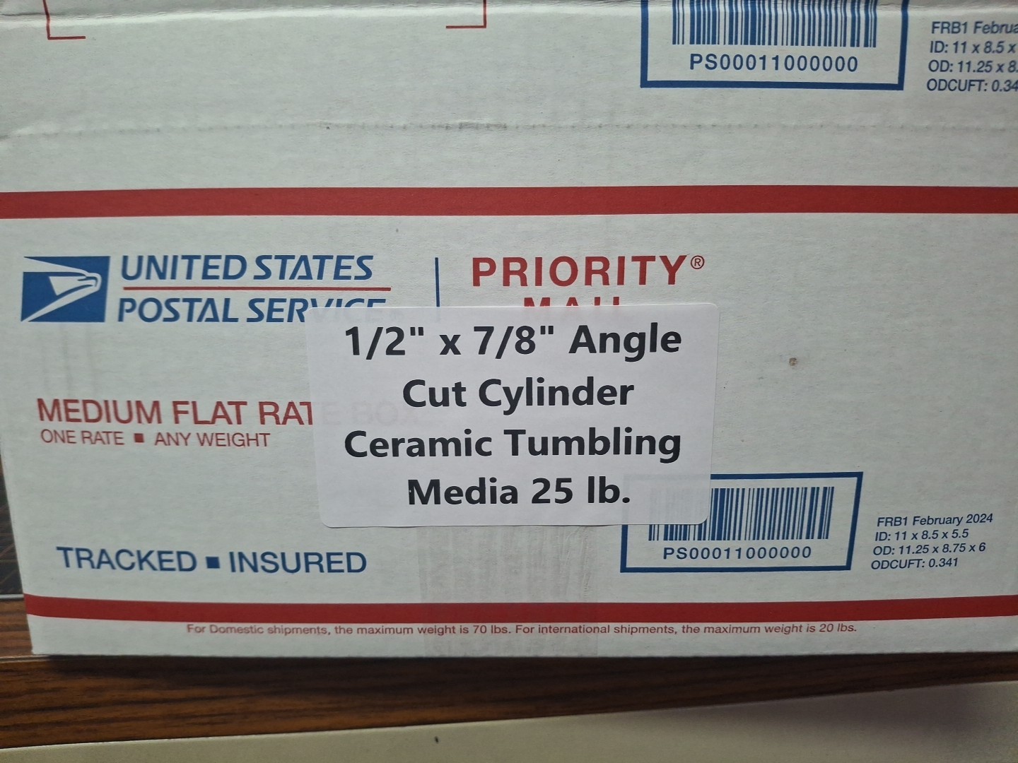 1/2" x 7/8" Angle Cut Cylinder Abrasive Ceramic Tumbling Media - 25 lb.