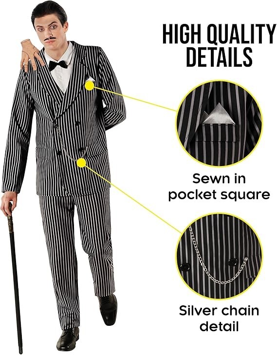 Men`s Gomez Addams Costume Adult Addams Family Pinstripe Gangster Suit Halloween