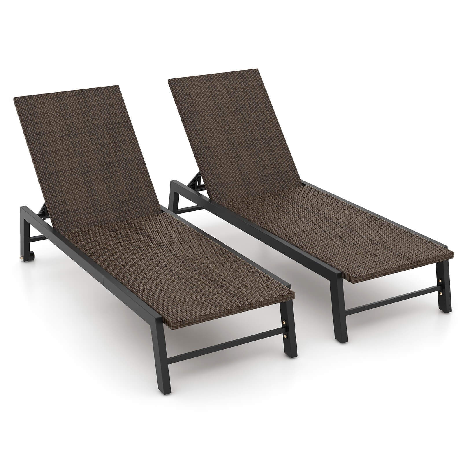 2PCS PE Wicker Outdoor Chaise Lounge Chair w/Wheels Reclining Chair for Poolside