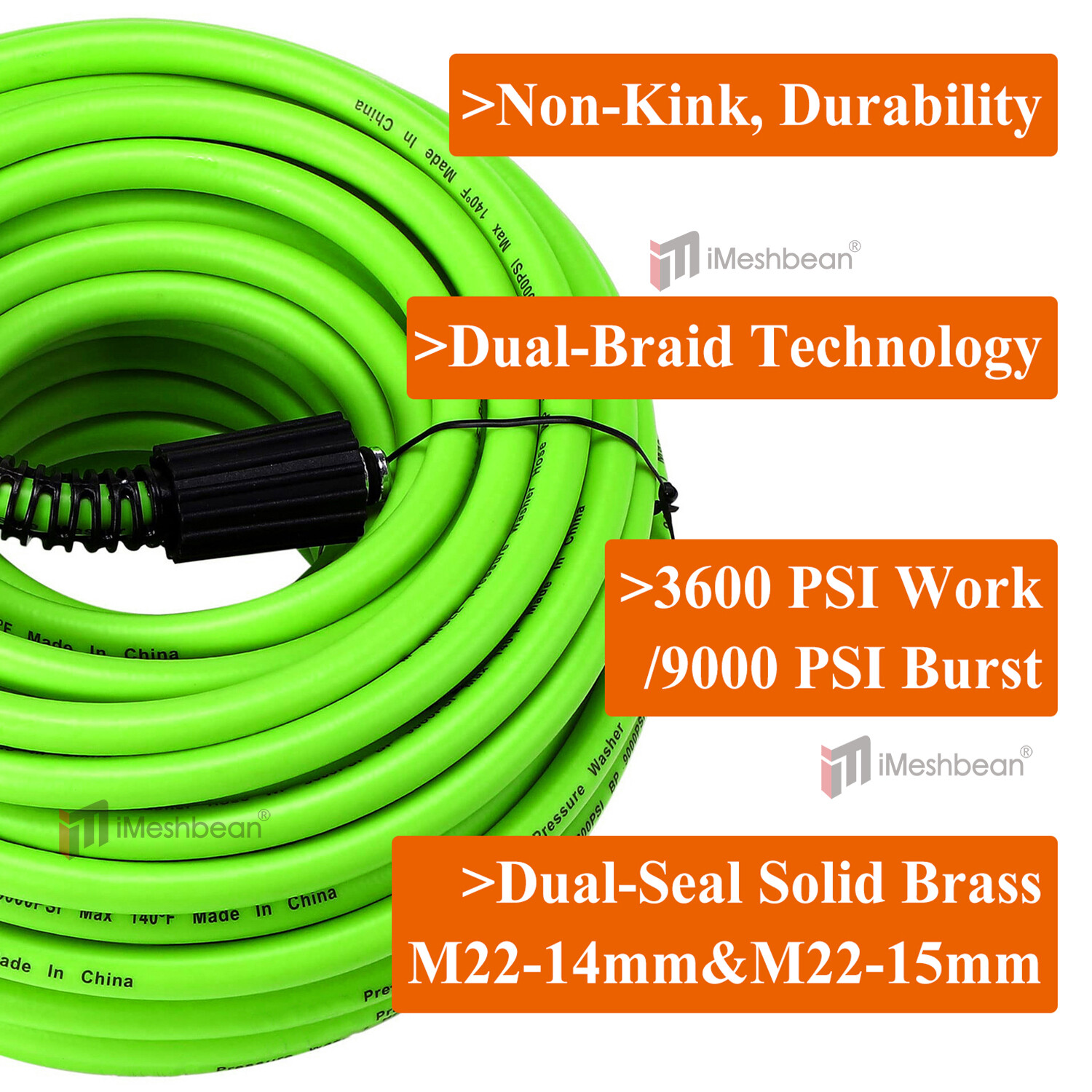 Kink Resistant Pressure Washer Hose 1/4"x25/50' 3600 PSI M22-14&15mm, or 3/8" QC