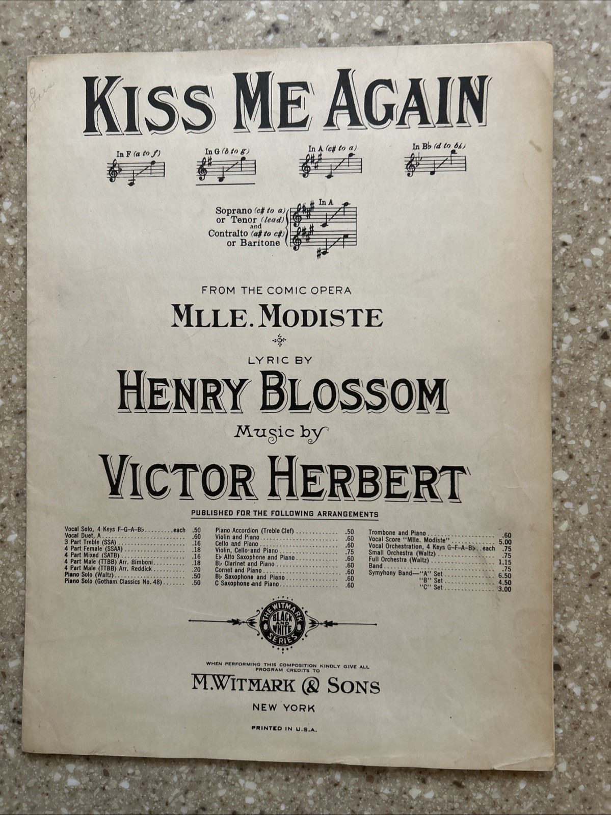 1915 Kiss Me Again Antique Piano Sheet Music Henry Blossom and Victor Herbert
