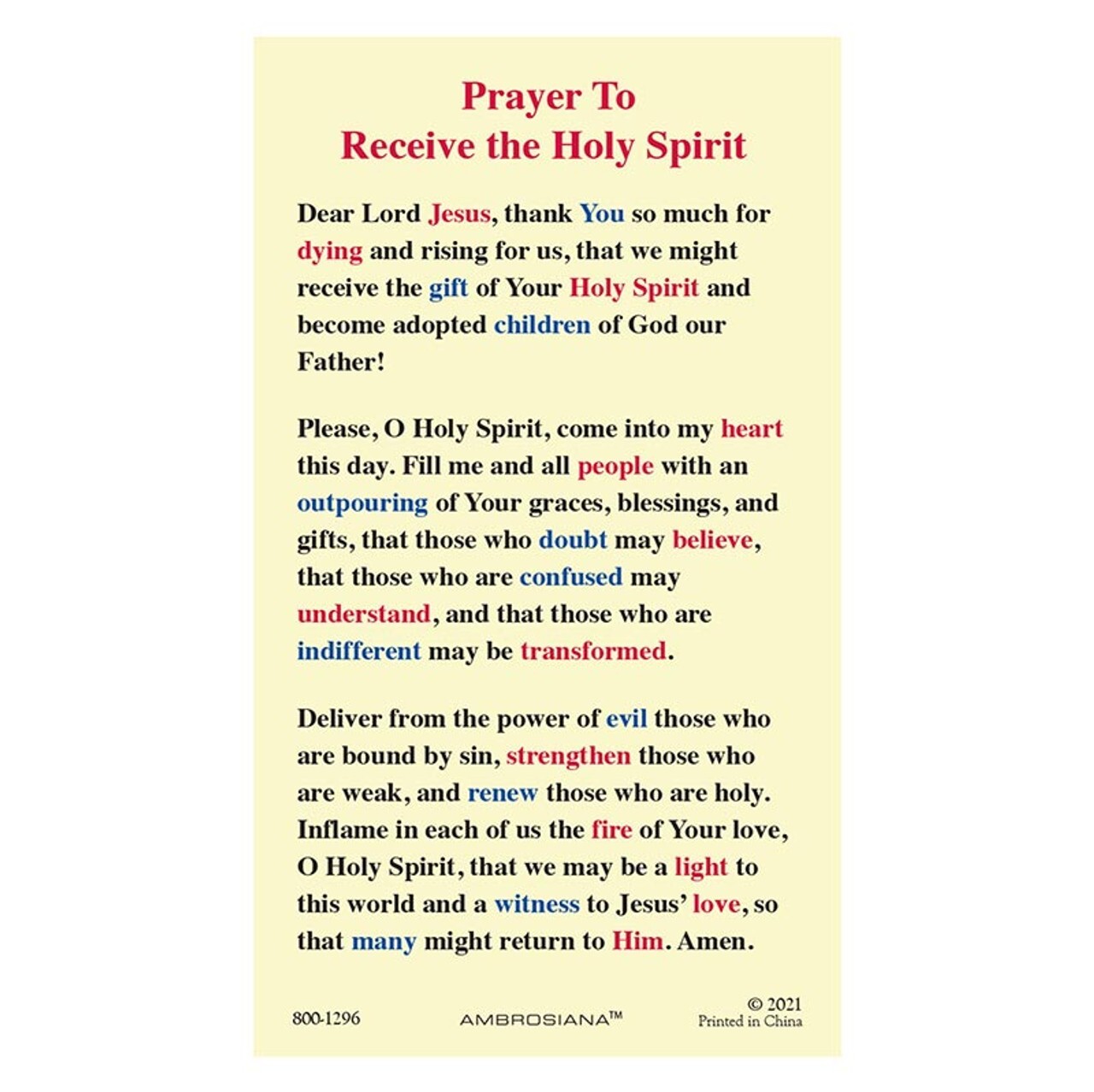 Prayer To Receive the Holy Spirit - Laminated Holy Card