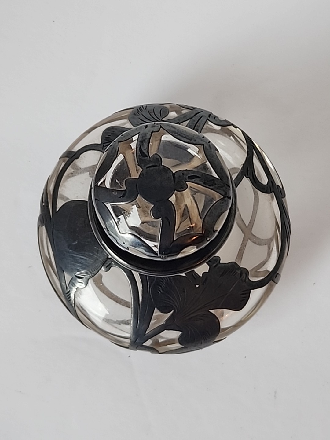 Antique Sterling Silver Overlay Art Nouveau Perfume Bottle Iris Flower READ