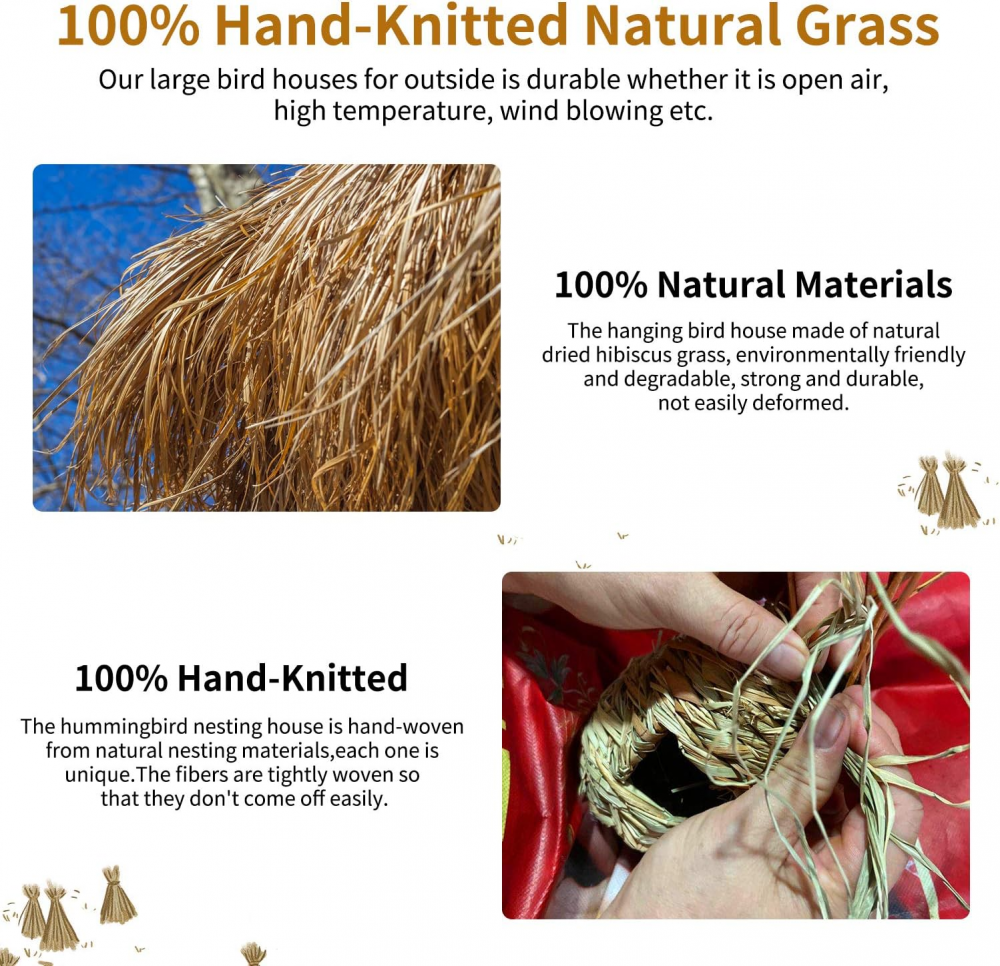 3Pack Handwoven Straw Hanging Hummingbird House Grass Bird Nest Bird Feeder