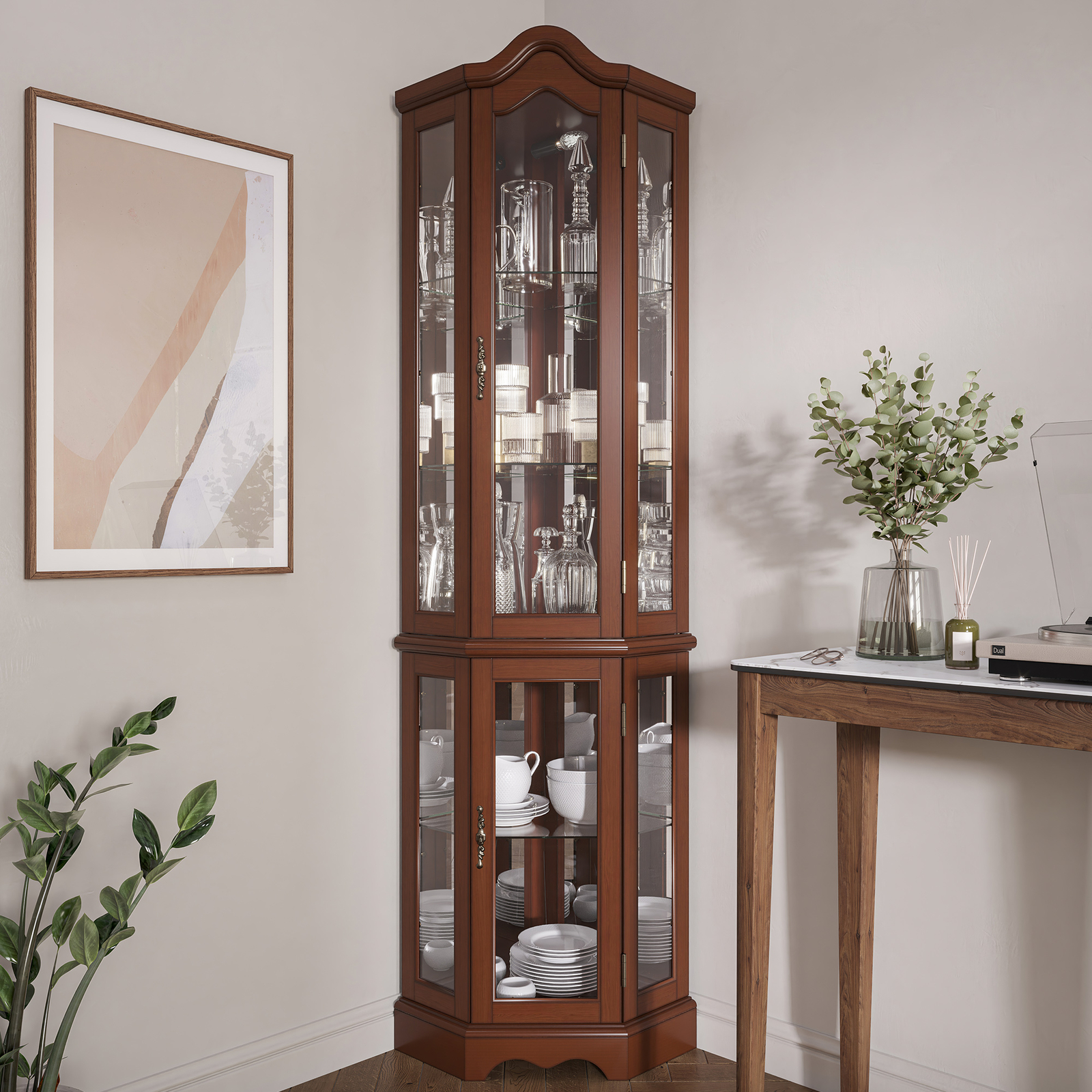 Canted Front Lighted Corner Cabinet W/ 5-Tier Shelves